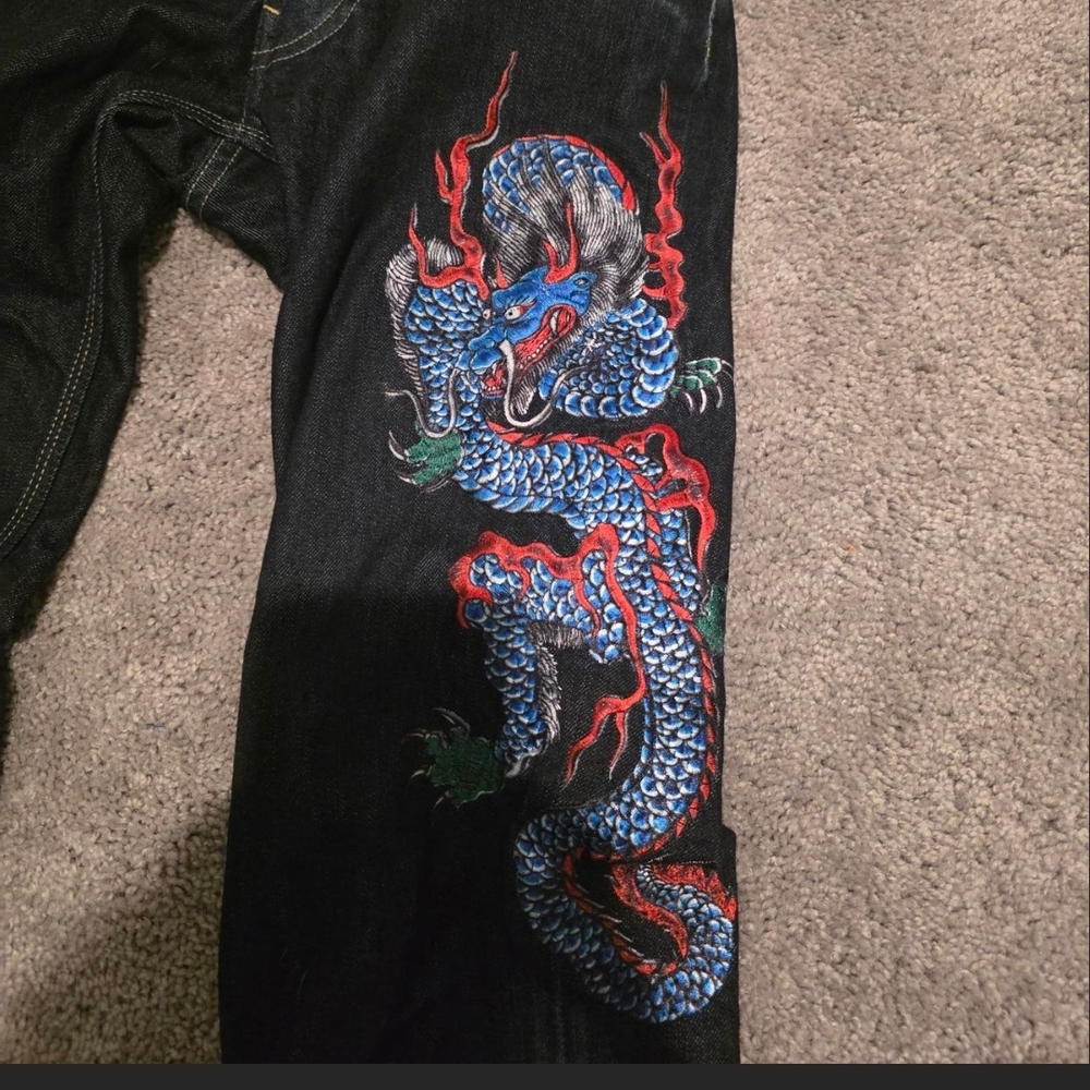 Love Moschino Black Slim Straight Jeans with Blue & Red Dragon Embroidery